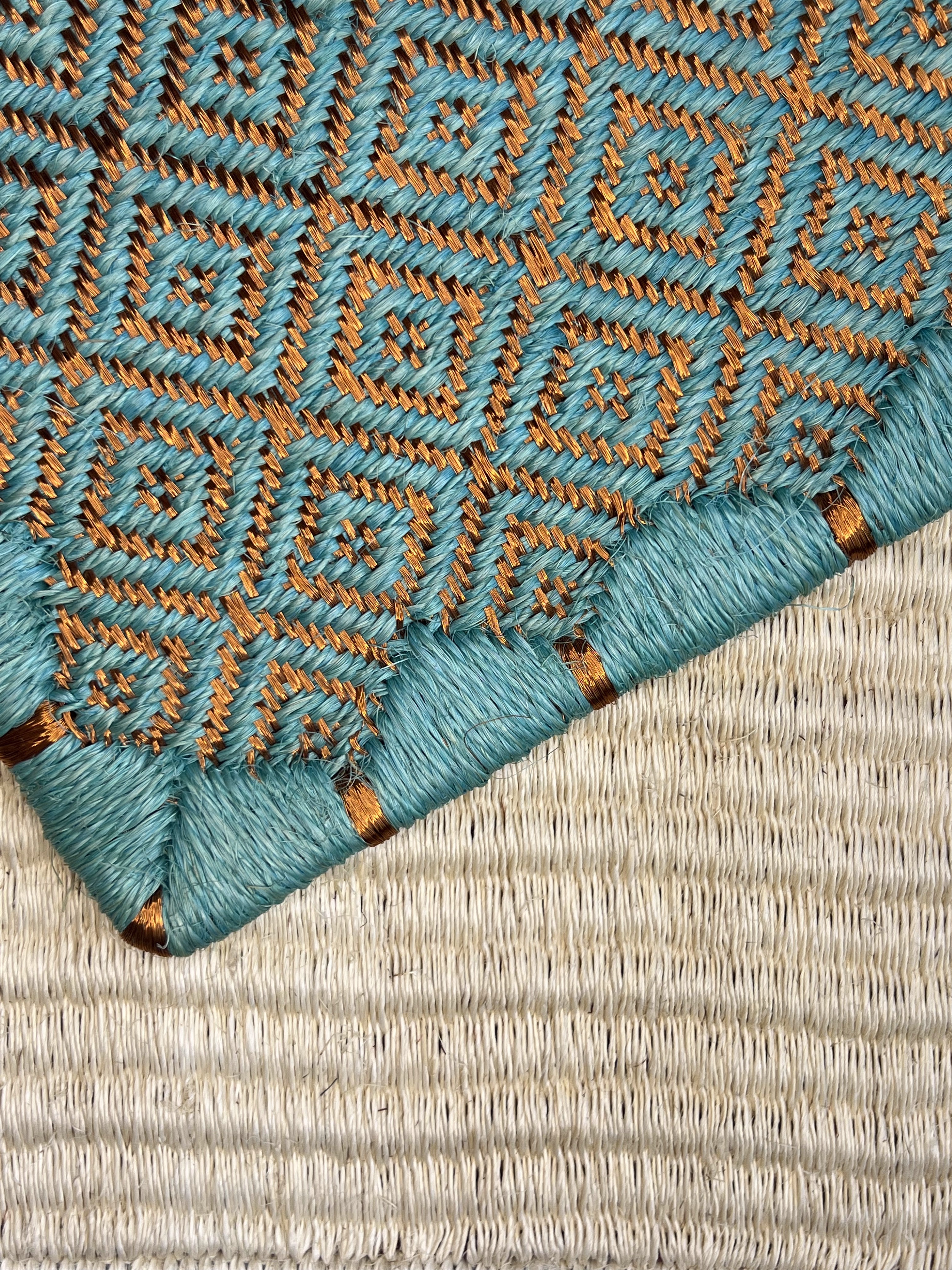 Natural With Teal and Copper Diamond-trellis Border Weave Area Rug