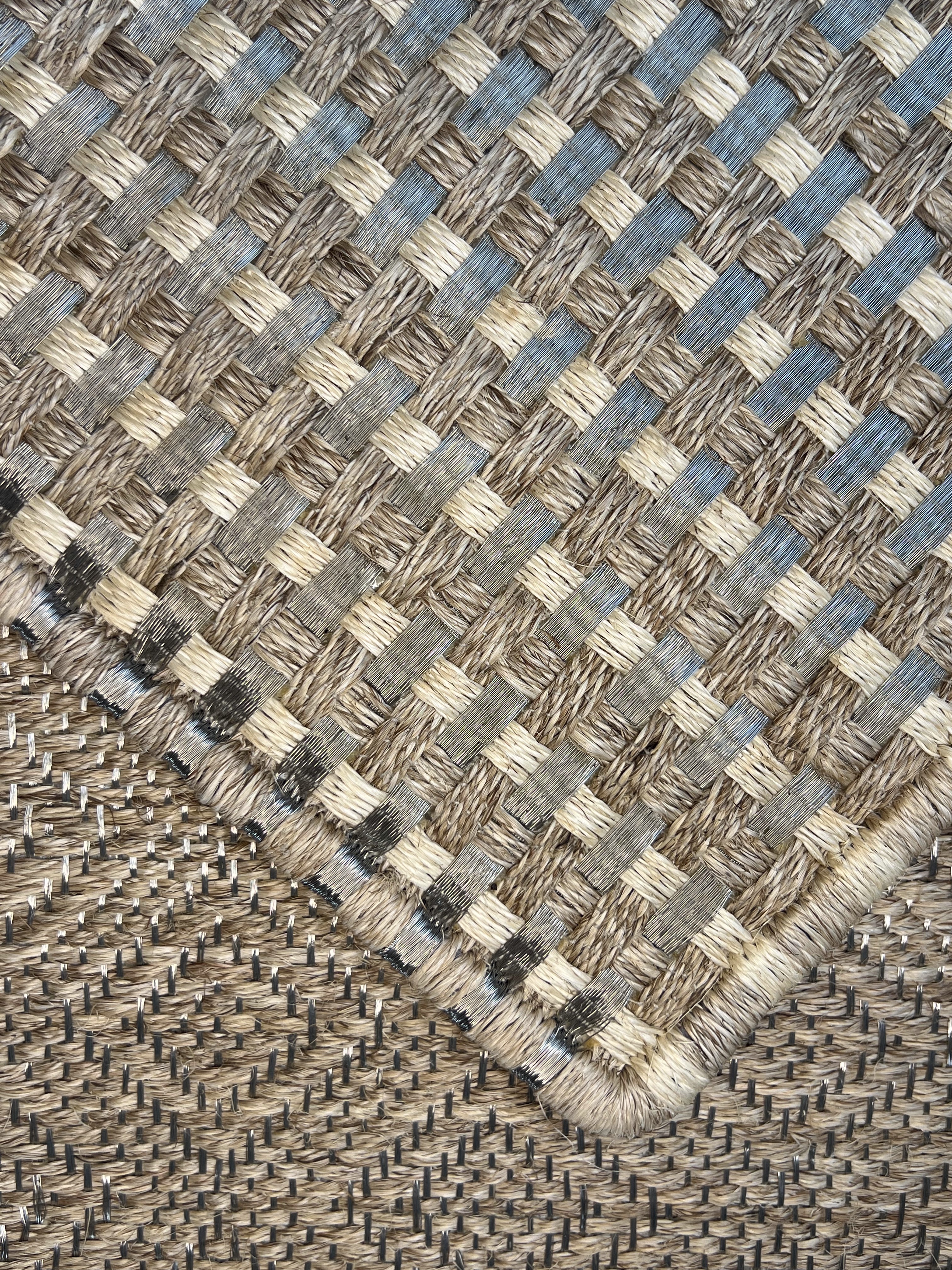 Beige With Pale Blue and Brown Check Basketweave Area Rug