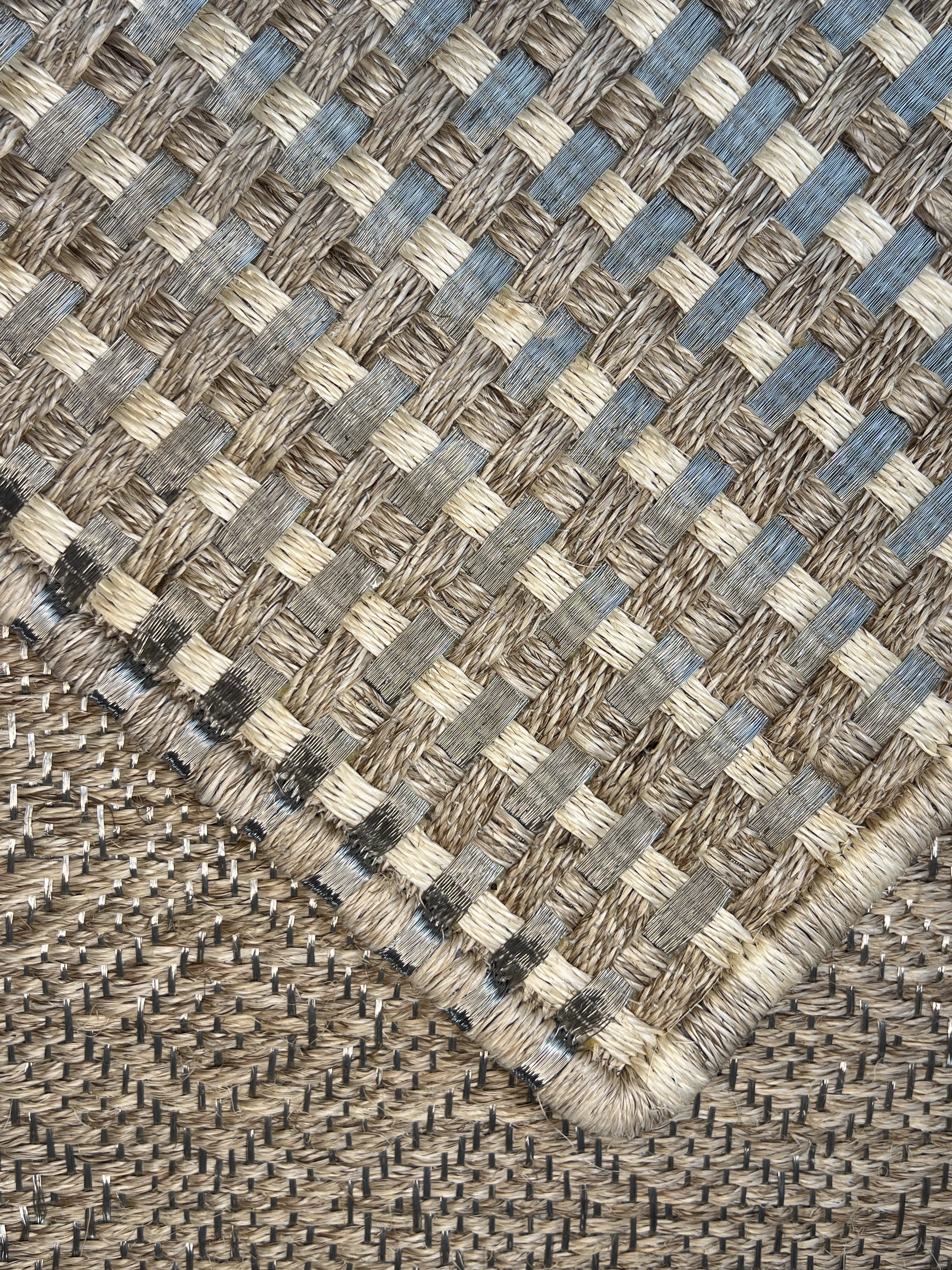 Beige With Pale Blue and Brown Check Basketweave Area Rug